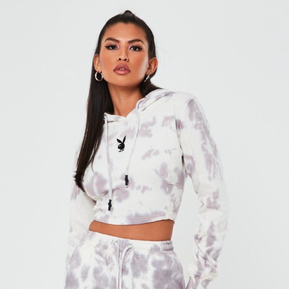 Missguided Grey Tie Dye Fitted Cropped Hoodie